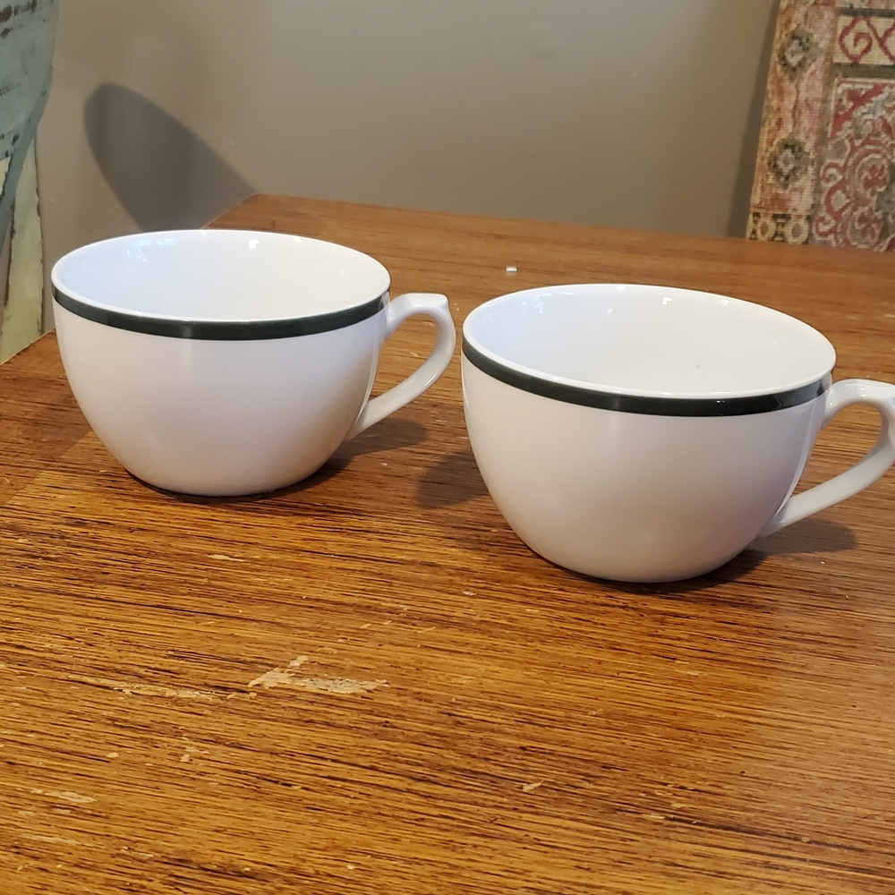 Classic William Sonoma White Ceramic Mugs with Green Rim